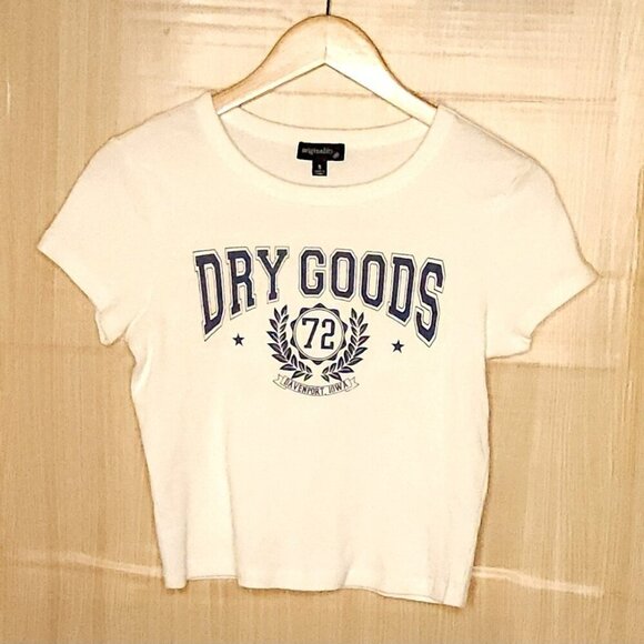 Origionality Tops - Originality Womens White Blue Dry Goods Cropped Short Sleeve Top Small
